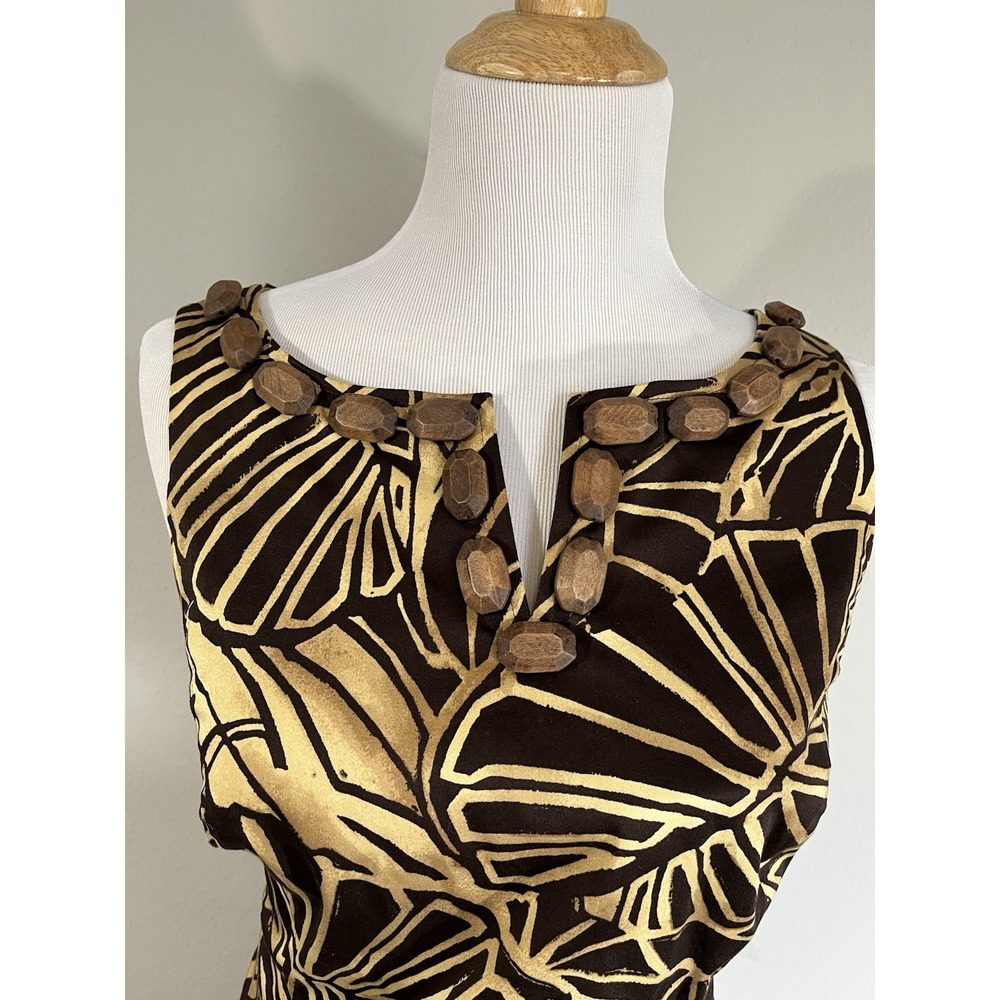 Jones New York Brown Sheath Dress Size 14 Beaded Tan Tropical Leaf Safari Jungle